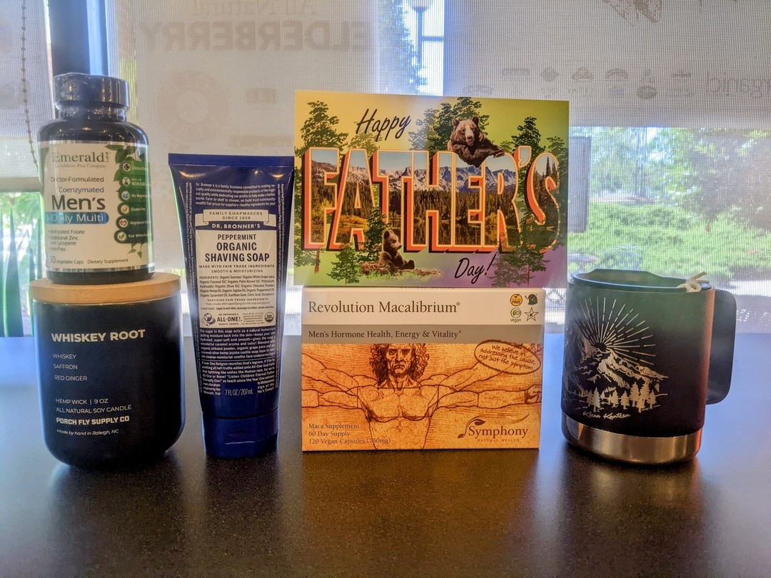 Do you have your Father's Day gift picked out yet? Here's some inspiration - Emerald Multivitamins, Porch Fly candles, Dr. Bronner's Shave Soap, Maca Revolution, and Klean Kanteen reusable cups. And of course, a Harmony Farms gift certificate. #fathersday #fathersdaygifts #fathersday2022 #fathersdayweekend #fathersdaygift #harmony #harmonyfarms #harmonyfarmsnc #harmonizeyourlife #shopsmall #shoplocalraleigh #shoplocal #organic #natural #nonGMO