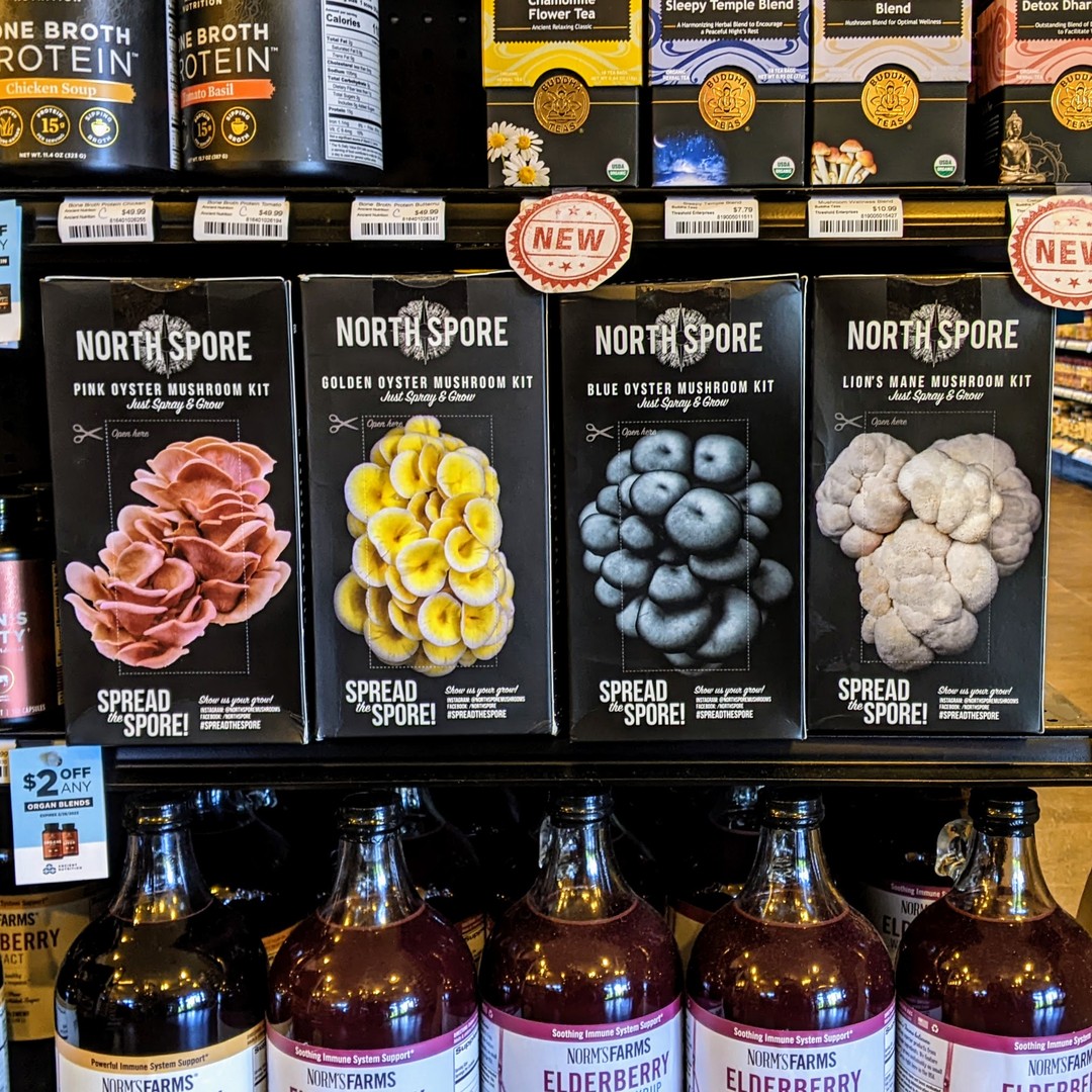 Do you love mushrooms? Try growing your own with these DIY Grow Kits from @northsporemushrooms that are NEW at Harmony! Just spray and grow! We currently carry four varieties, including Lion's Mane! #spreadthespore #northspore  #lionsmane #oyster #oystermushrooms #DIY #mushroomlog